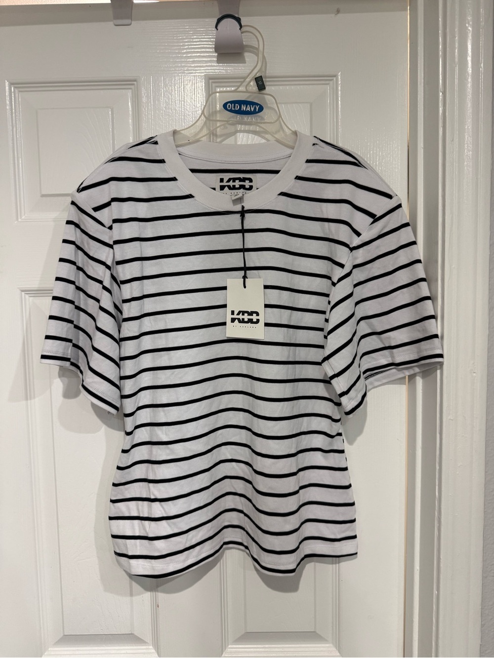 Womens White and Black Striped Tee - KBB by Kahlana size L NWT